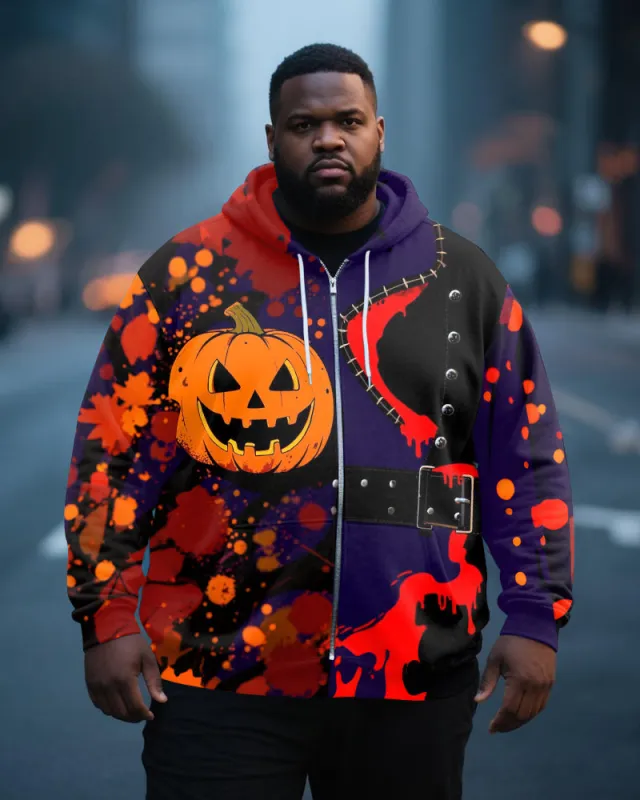Big & Tall Men's Halloween Pumpkin Grimace Stitch Graffiti Print Zipper Cardigan Hoodie sold by Biggmans