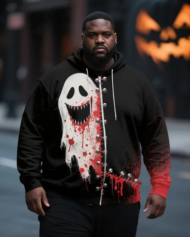 Big & Tall Men's Halloween Ghost Face Stitch Print Zipper Cardigan Hoodie sold by Biggmans