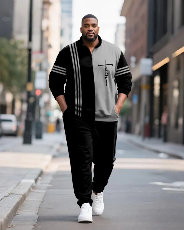 Big & Tall Men's Faith Stripe Colorblock Printed POLO Collar Zipper Long Sleeve Pants Two-Piece Set sold by Biggmans