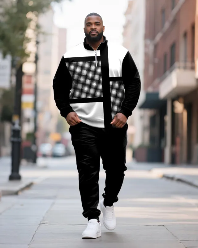 Big & Tall Men's Geometric Color Block Printed POLO Collar Zipper Long Sleeve Pants Two-piece Set sold by Biggmans