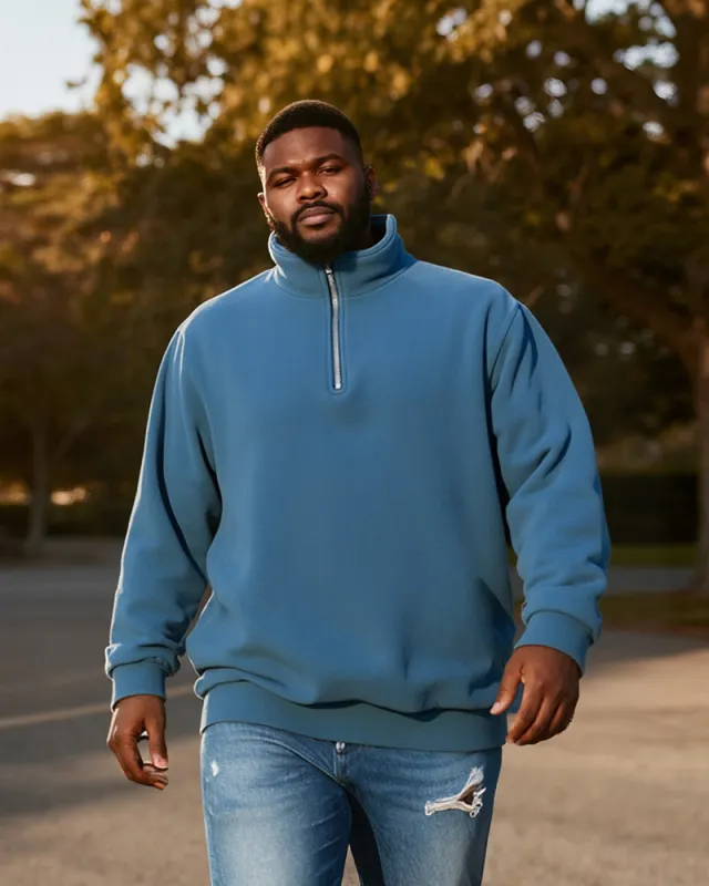 Big & Tall Men's Blue-Fall/Winter Solid Color Polar Fleece Fabric Metal Zipper Collar POLO Long Sleeve sold by Biggmans