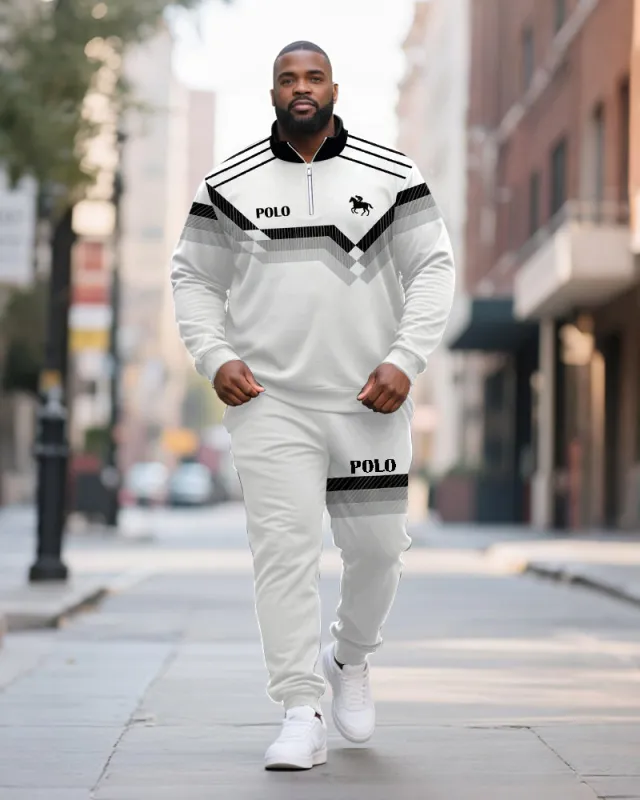 Big & Tall Men's Black And Gray Contrast Printed POLO Collar Zipper Long Sleeve Pants Two-piece Set sold by Biggmans