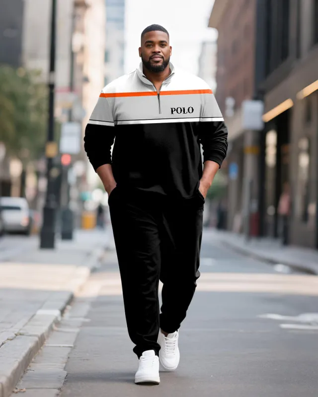 Big & Tall Men's Striped Contrast Printed POLO Collar Zipper Long Sleeve Pants Two-Piece Set sold by Biggmans