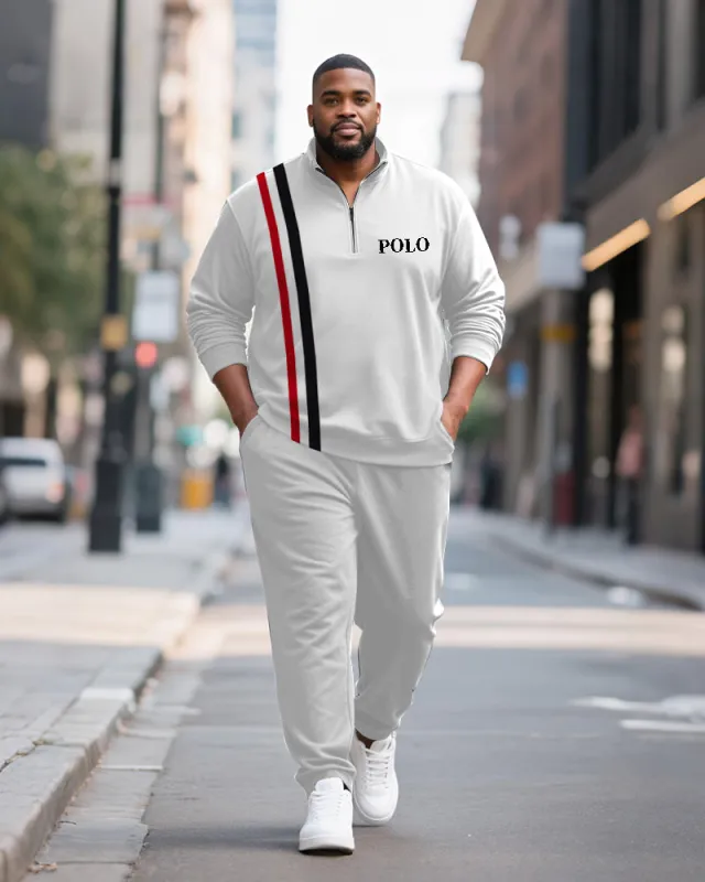 Big & Tall Men's Black And Red Contrast Striped Printed POLO Collar Zipper Long Sleeve Pants Two-piece Set sold by Biggmans