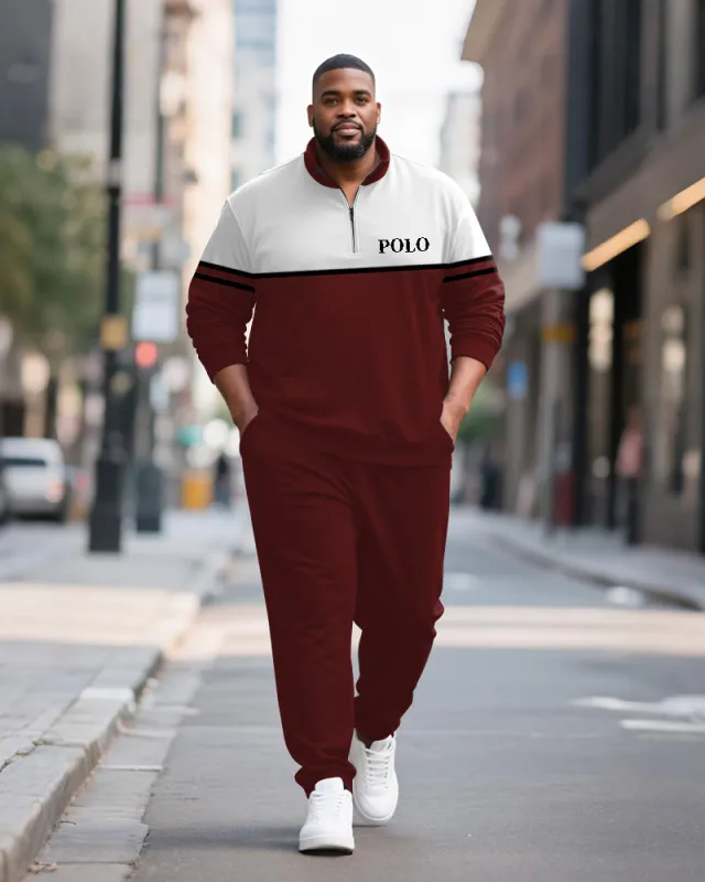Big & Tall Men's Wine Red Striped Contrast Printed POLO Collar Zipper Long Sleeve Pants Two-piece Set sold by Biggmans