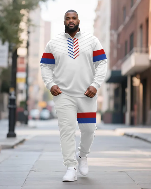 Big & Tall Men's Red And Blue Striped Contrast Printed POLO Collar Zipper Long Sleeve Pants Two-piece Set sold by Biggmans