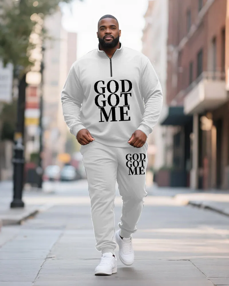 Big & Tall Men's GOD GOT ME Printed POLO Collar Zipper Long Sleeve Pants Two-Piece Set sold by Biggmans