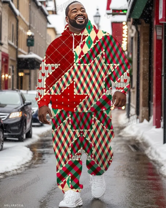 Men's Christmas Colorblock Red Plaid Print Plus Size Hoodie Suit sold by Biggmans