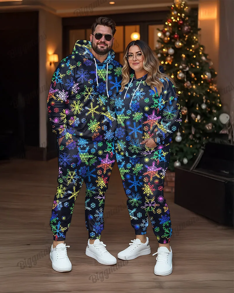 Couple Fashion Casual Plus Size Christmas Colorful Snowflake Hoodie Suit sold by Biggmans