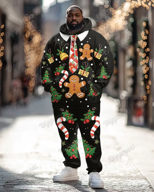 Men’s Christmas Black Gingerbread Man Tie Print Big & Tall Hoodie Set sold by Biggmans
