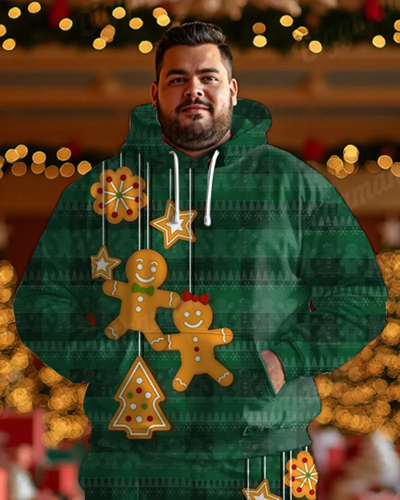 Men's Christmas Green Stripe Gingerbread Man Print Big & Tall Hoodie Set sold by Biggmans product image thumbnail 2