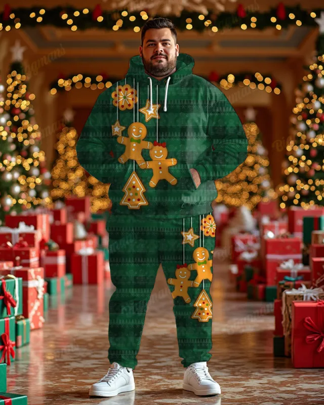 Men's Christmas Green Stripe Gingerbread Man Print Big & Tall Hoodie Set sold by Biggmans
