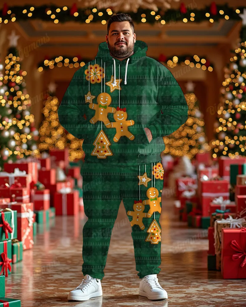 Men's Christmas Green Stripe Gingerbread Man Print Big & Tall Hoodie Set sold by Biggmans