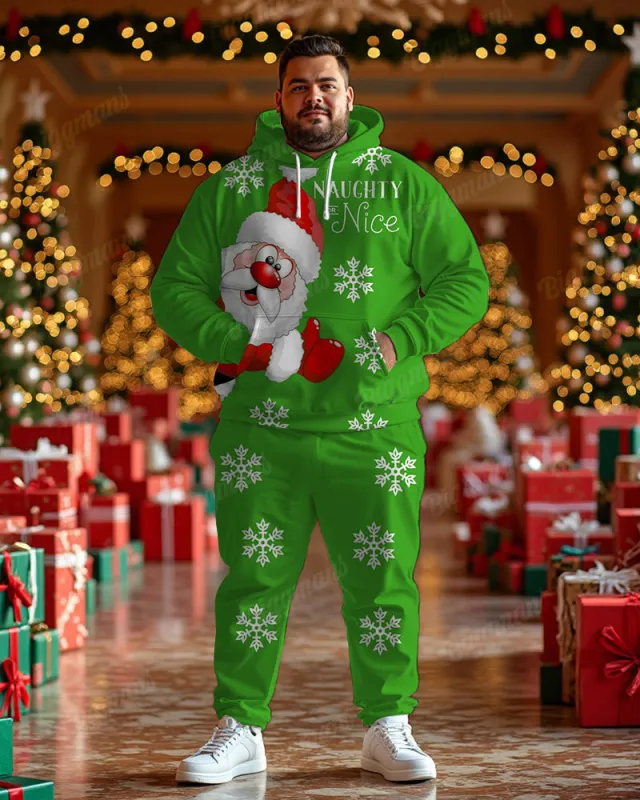 Men's Christmas Green Snowflake Santa Print Big and Tall Hoodie Set sold by Biggmans