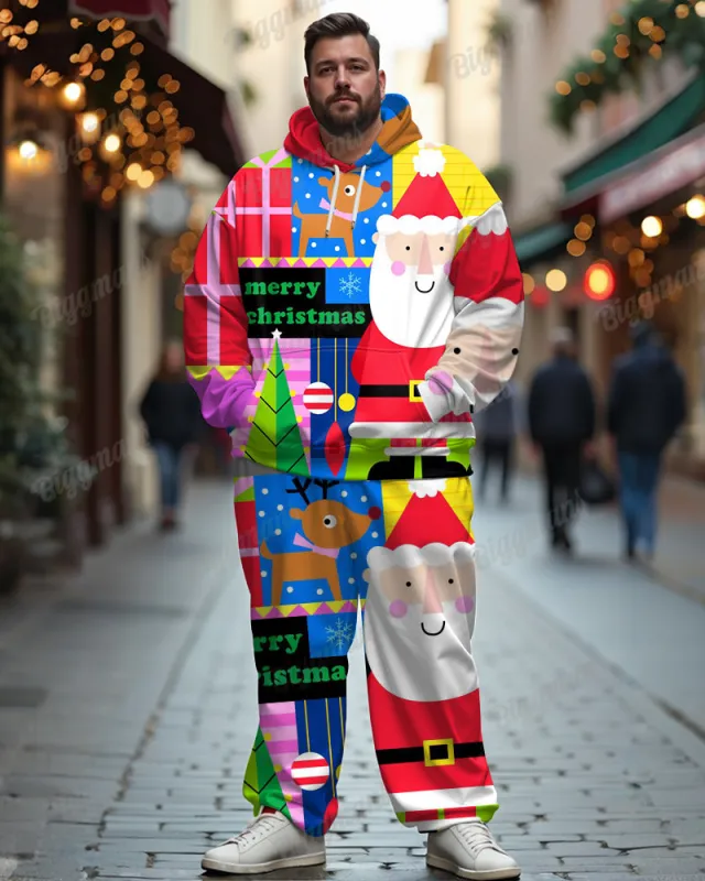 Men's Christmas Colorful Elk Colorblock Print Big and Tall Hoodie Set sold by Biggmans
