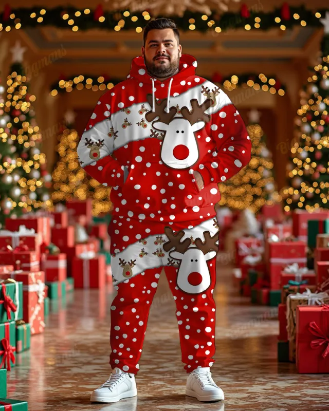 Big and Tall Men's Christmas Red Elk Dot Print Hoodie Set sold by Biggmans