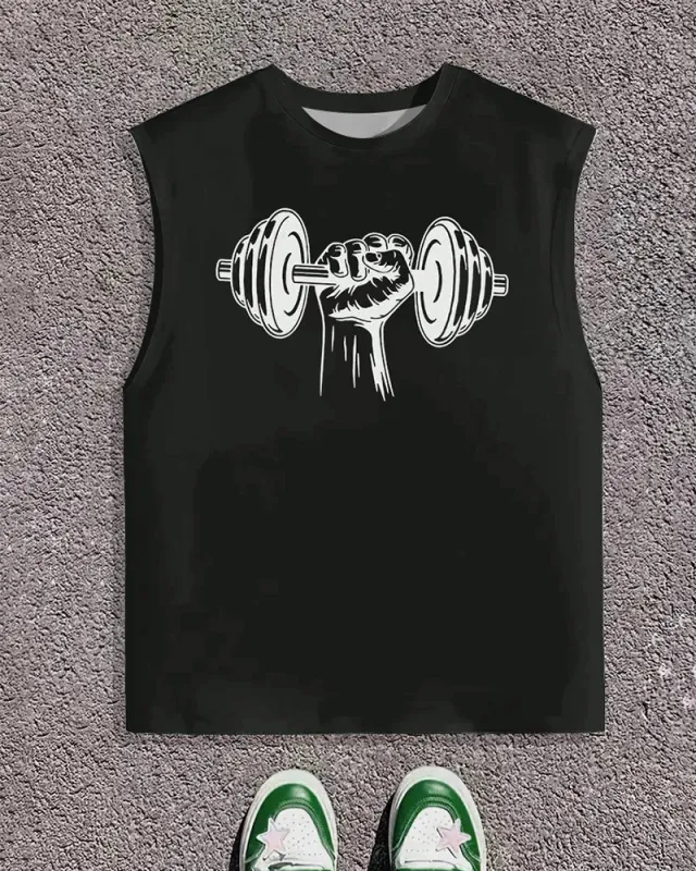 Men's Plus Size Street Fashion Fitness Lifting Dumbbell Printed Round Neck Sleeveless Vest sold by Biggmans