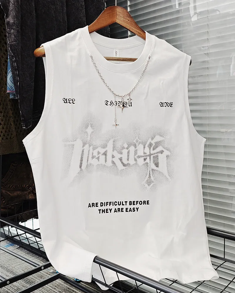 L-2XL Street Fashion White Chain Gothic Hee Letter Printed Round Neck Sleeveless Vest sold by Biggmans