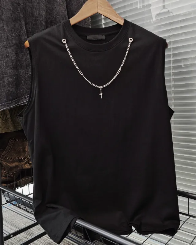 M-2XL Street Fashion White Chain Gothic Hee Letter Printed Round Neck Sleeveless Vest sold by Biggmans