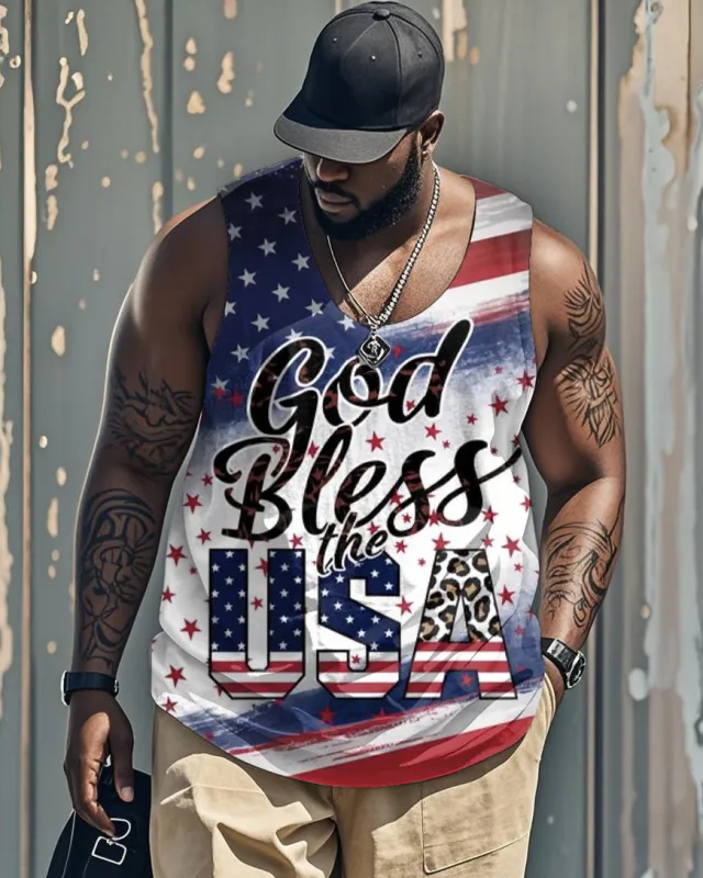 Big & Tall Men's Independence Day Flag God Bless The Usa Printed Round Neck Sleeveless Vest sold by Biggmans