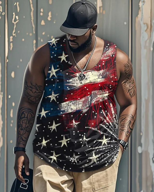 Big & Tall Men's Independence Day Star Flag Printed Round Neck Sleeveless Vest sold by Biggmans