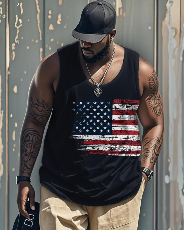 Big & Tall Men's Independence Day Blue Star Flag Print Round Neck Sleeveless Vest sold by Biggmans