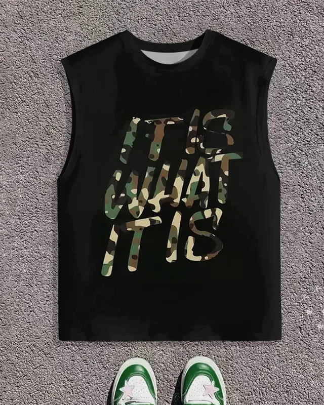 Men's Plus Size Street Fashion It Is What It Is Camouflage Letter Print Round Neck Sleeveless Vest sold by Biggmans