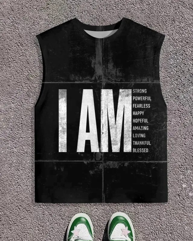 Men's Plus Size Street Fashion You Vs You Alphabet Print Round Neck Sleeveless Vest sold by Biggmans