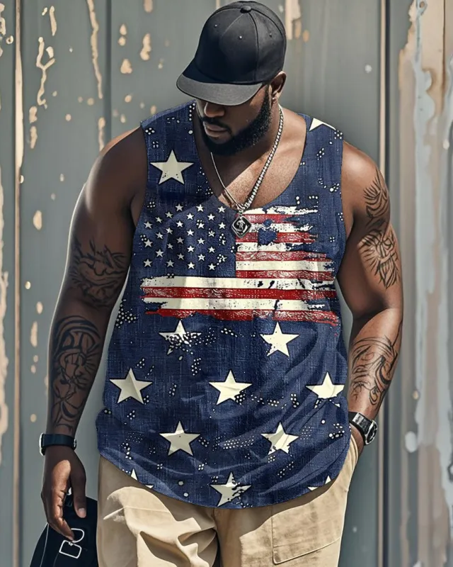 Big & Tall Men's Independence Day Blue Star Flag Print Round Neck Sleeveless Vest sold by Biggmans