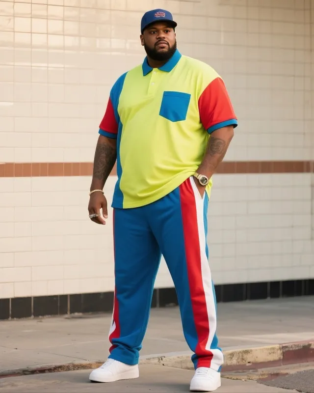 Men's Plus Size Casual Daily Simple Contrast Colorblock Short Sleeve Pants Suit sold by Biggmans