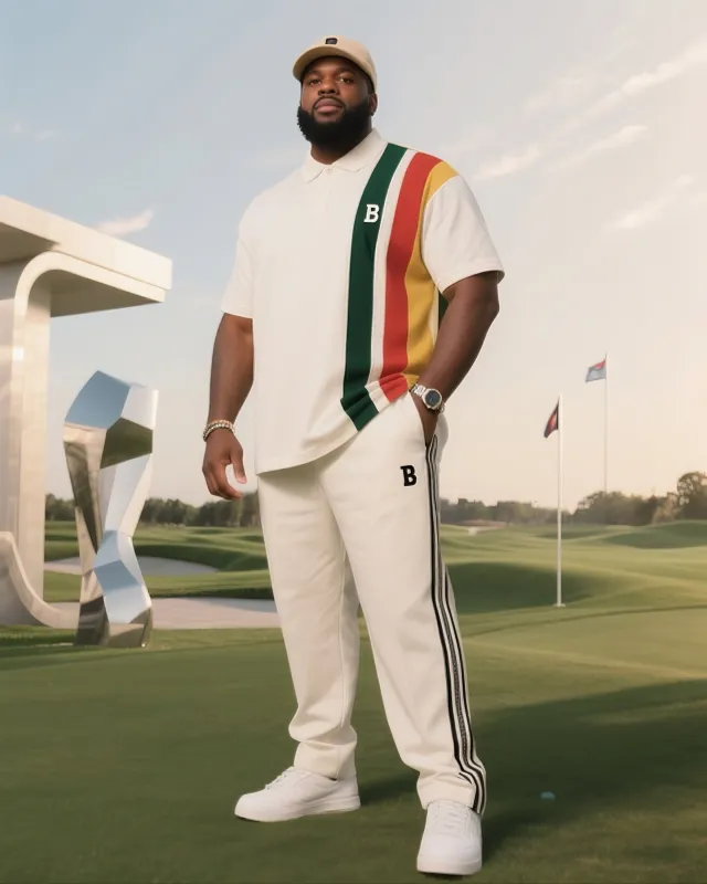 Men's Plus Size Daily Casual Ivory White Spelling Colorful Short Sleeve Simple Striped Polo Pants Suit sold by Biggmans