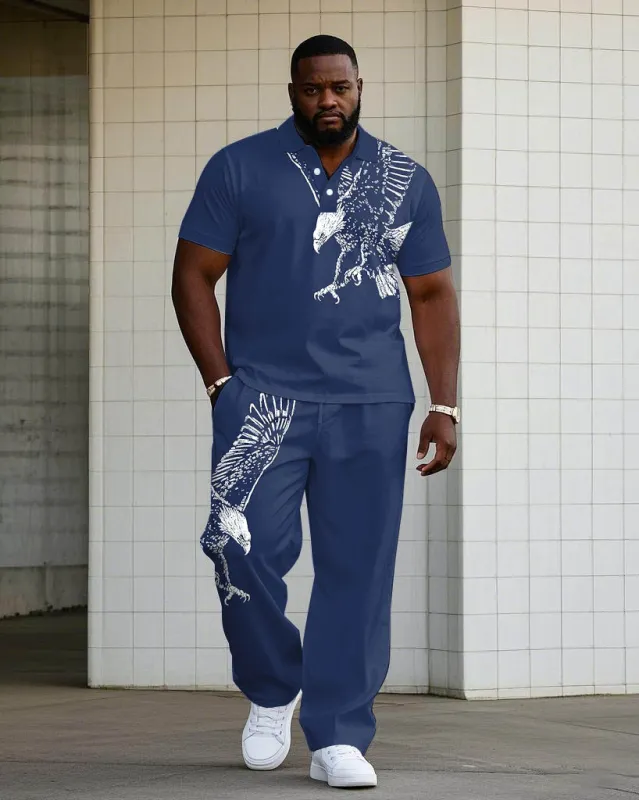 Simple Daily Casual Shoulder Eagle Silhouette Print Short-sleeved POLO Trousers Set Big & Tall Men's sold by Biggmans