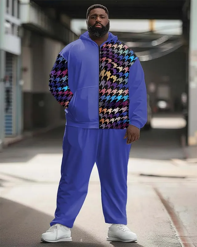 Men's Plus Size Street Fashion Houndstooth Patchwork Print Sport Zipper Hoodie Suit sold by Biggmans