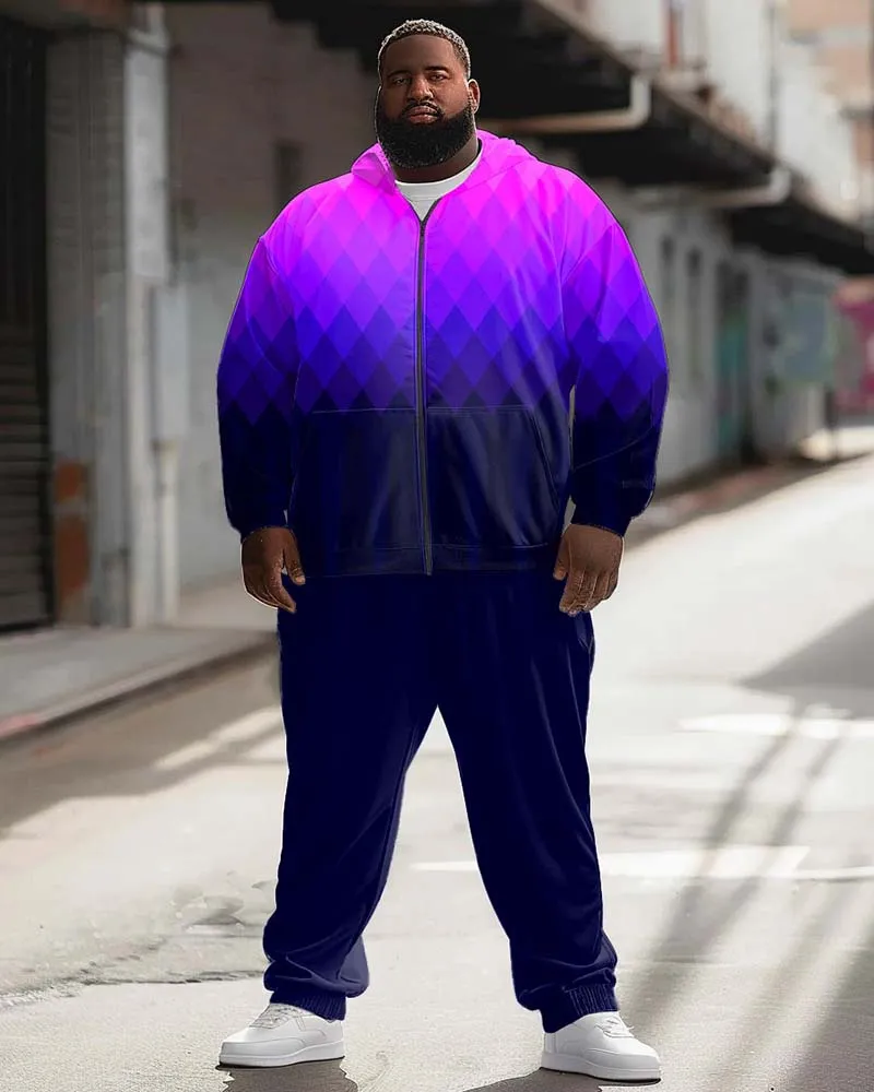 Men's Plus Size Street Fashion Gradient Diamond Print Sport Zip Hoodie Suit sold by Biggmans