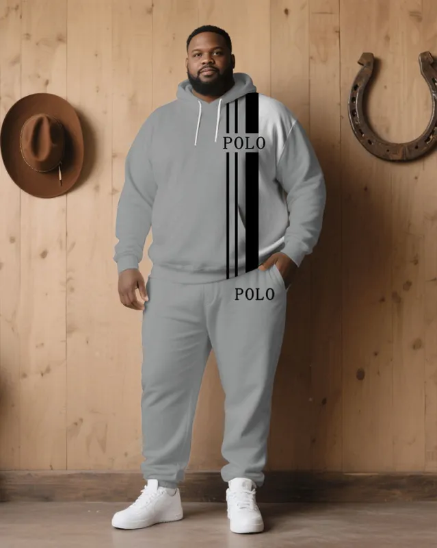 Big & Tall Men' Autumn And Winter Gray & White & Black Stitching Simple Chest Small Label Printed Hoodie Suit sold by Biggmans