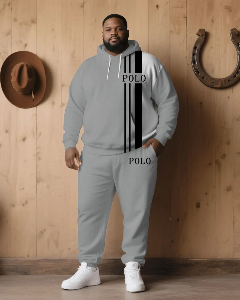 Big & Tall Men' Autumn And Winter Gray & White & Black Stitching Simple Chest Small Label Printed Hoodie Suit sold by Biggmans