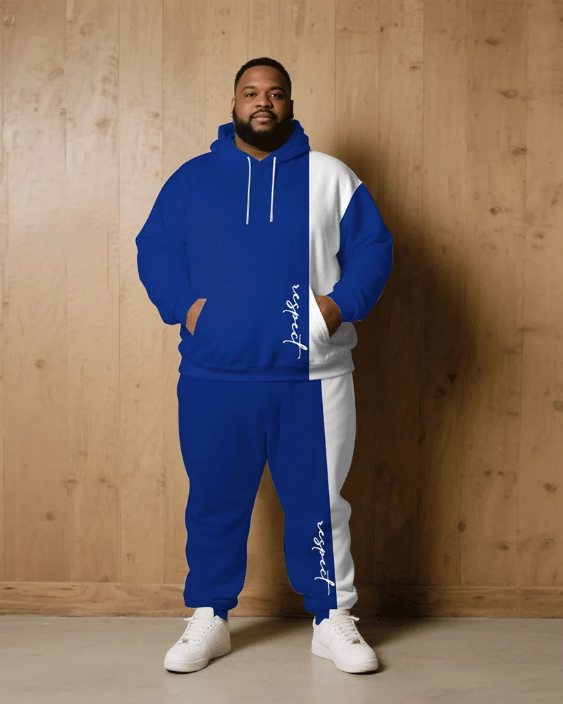 Big & Tall Men Fall/Winter Joker Casual Blue & White "Respect" Slogan Handwritten Printed Hoodie Suit sold by Biggmans