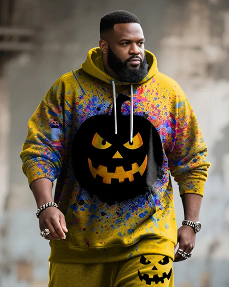 Big & Tall Men's Street Fashion Halloween Pumpkin Graffiti Print Hoodie Suit sold by Biggmans product image thumbnail 2