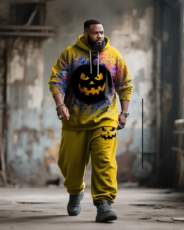 Big & Tall Men's Street Fashion Halloween Pumpkin Graffiti Print Hoodie Suit sold by Biggmans