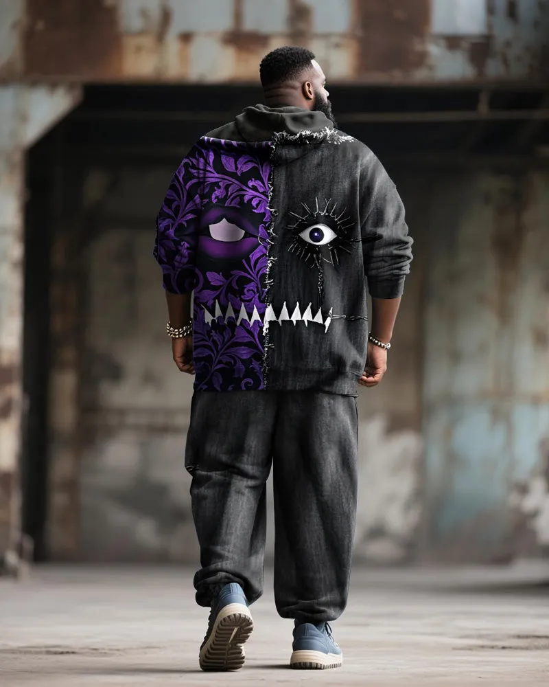 Big & Tall Men's Halloween Black And Purple Devil Expression Contrast Stitch Print Hoodie Suit sold by Biggmans product image thumbnail 4