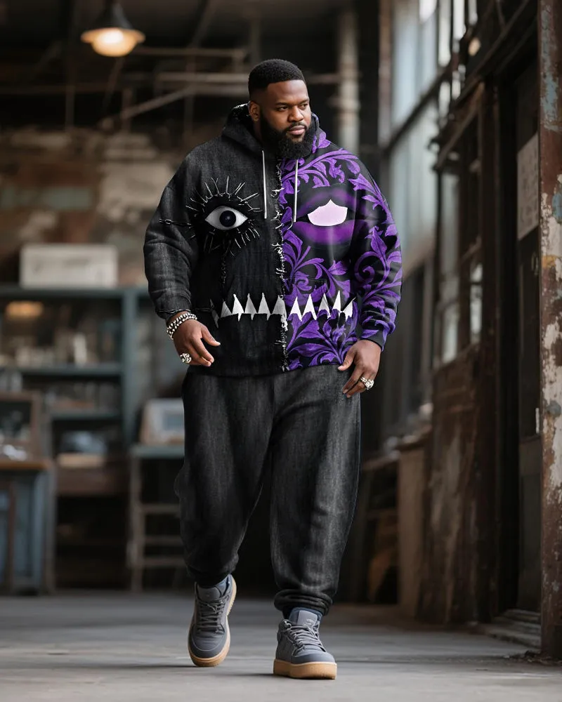 Big & Tall Men's Halloween Black And Purple Devil Expression Contrast Stitch Print Hoodie Suit sold by Biggmans