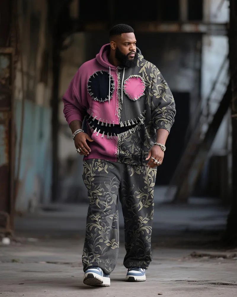 Big & Tall Men's Halloween Pink Funny Expression Contrast Stitch Print Hoodie Suit sold by Biggmans