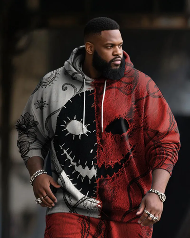 Big & Tall Men's Halloween Black Red Mask Emoji Contrast Stitch Print Hoodie Suit sold by Biggmans product image thumbnail 2