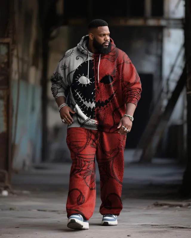Big & Tall Men's Halloween Black Red Mask Emoji Contrast Stitch Print Hoodie Suit sold by Biggmans