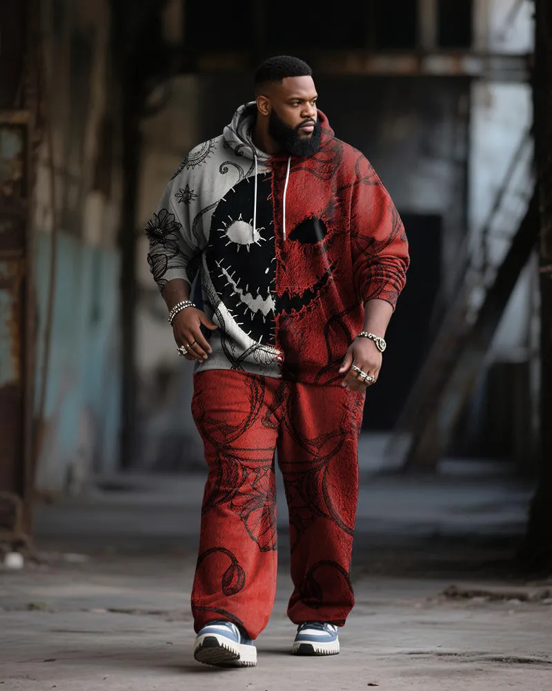 Big & Tall Men's Halloween Black Red Mask Emoji Contrast Stitch Print Hoodie Suit sold by Biggmans