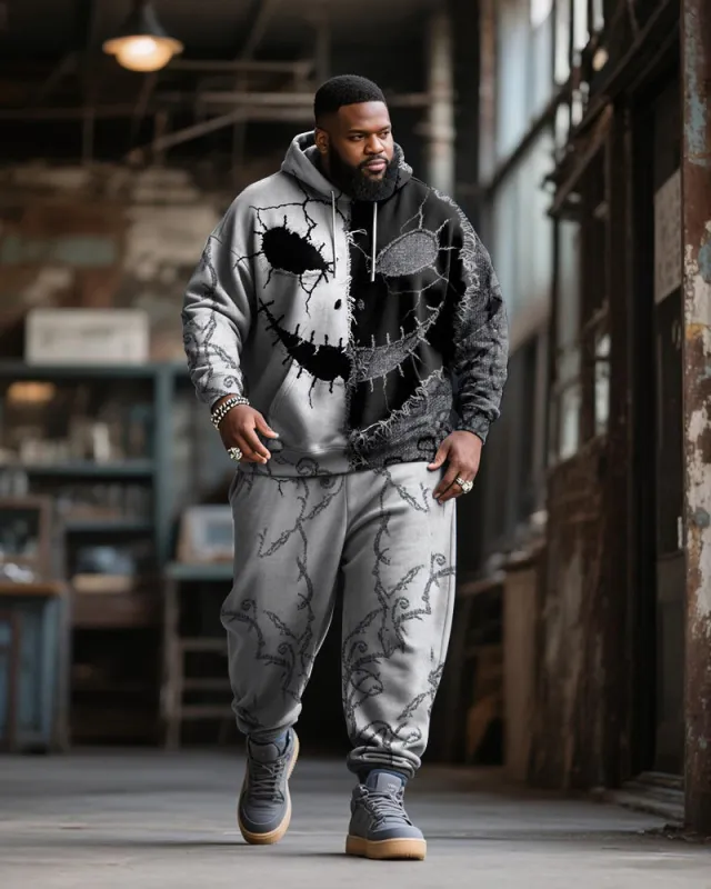 Big & Tall Men's Halloween Black Grey Skull Expression Contrast Stitch Print Hoodie Suit sold by Biggmans