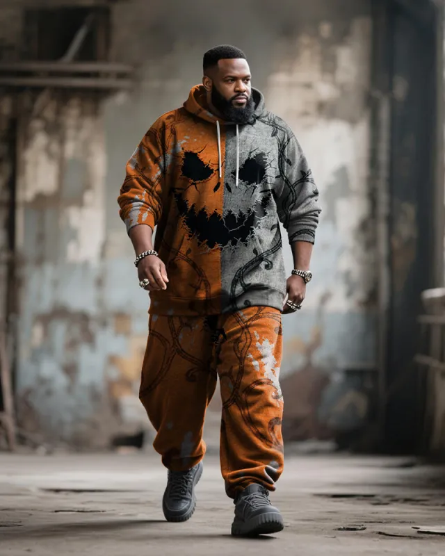 Big & Tall Men's Halloween Orange Pumpkin Facial Contrast Stitch Print Hoodie Suit sold by Biggmans