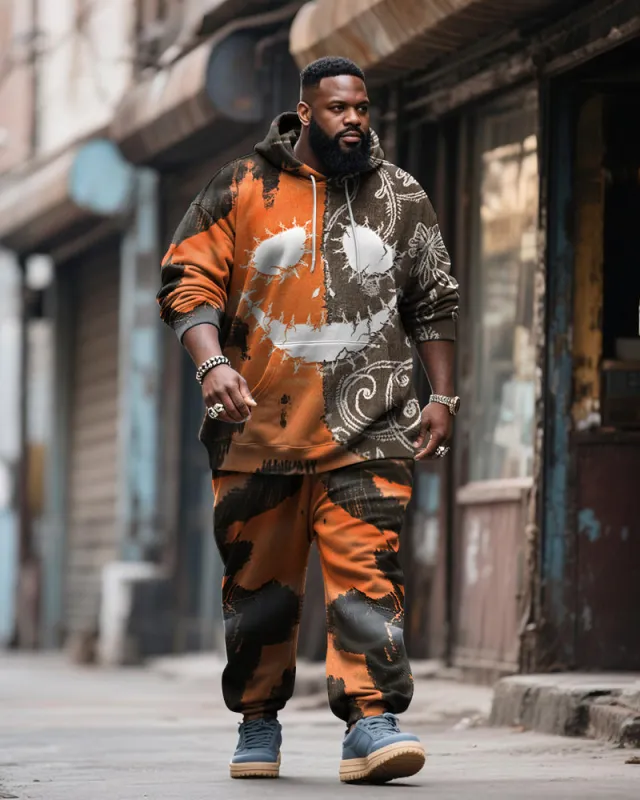 Big & Tall Men's Halloween Orange Pumpkin Facial Contrast Stitch Print Hoodie Suit sold by Biggmans