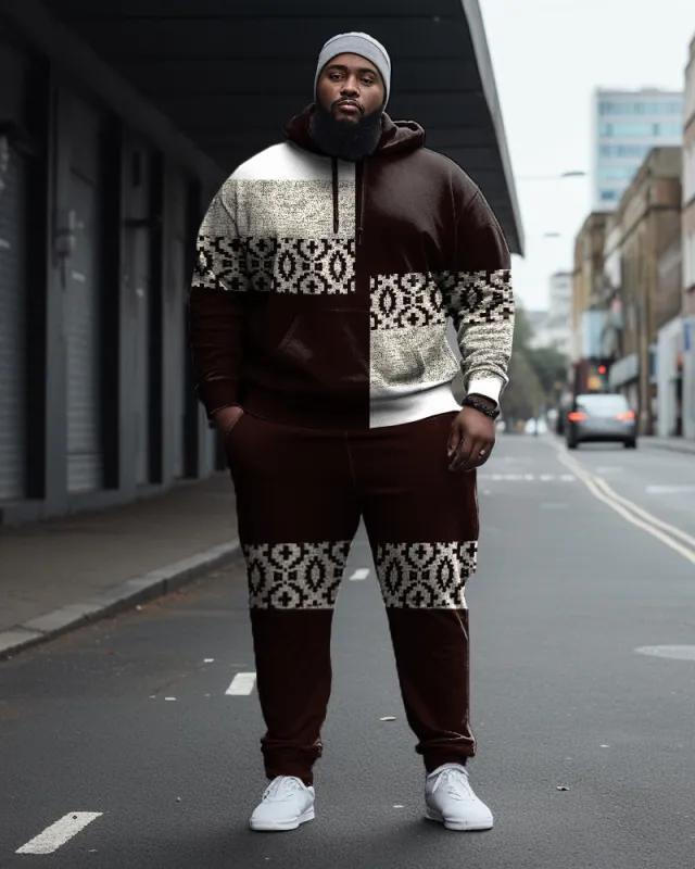 Men's Large Size Ethnic Pattern Color Block Casual Hoodie and Sweatpants Two Piece Set sold by Biggmans