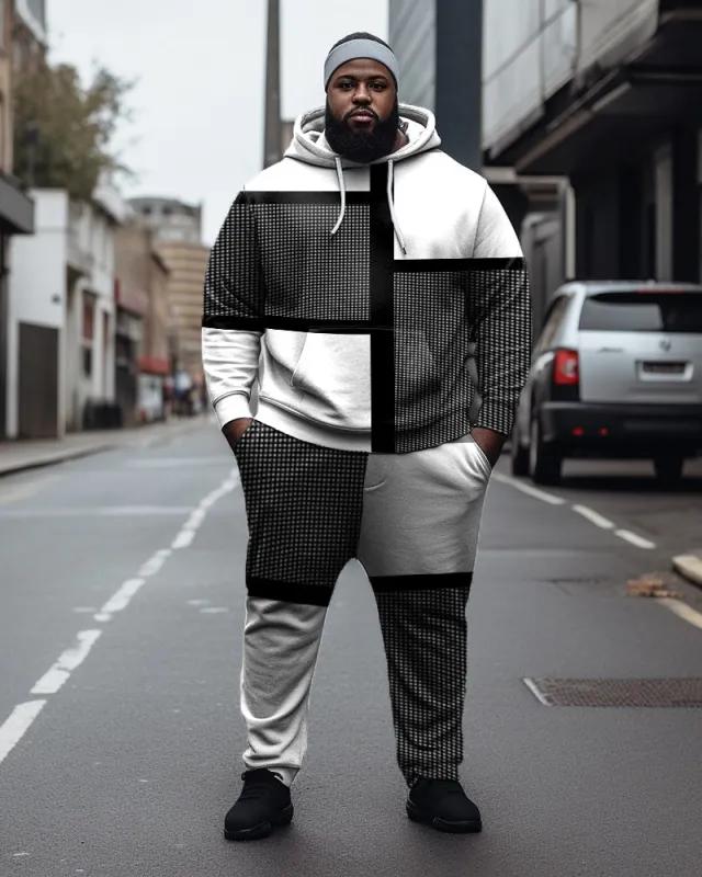 Men's Large Size Black And White Plaid Colorblock Casual Hoodie And Sweatpants Two-Piece Set sold by Biggmans